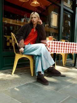 Daim marron chocolat - Bottes à plateforme en fausse fourrure en peau de mouton
