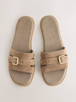 Daim Taupe neutre - Sandales mules à boucle