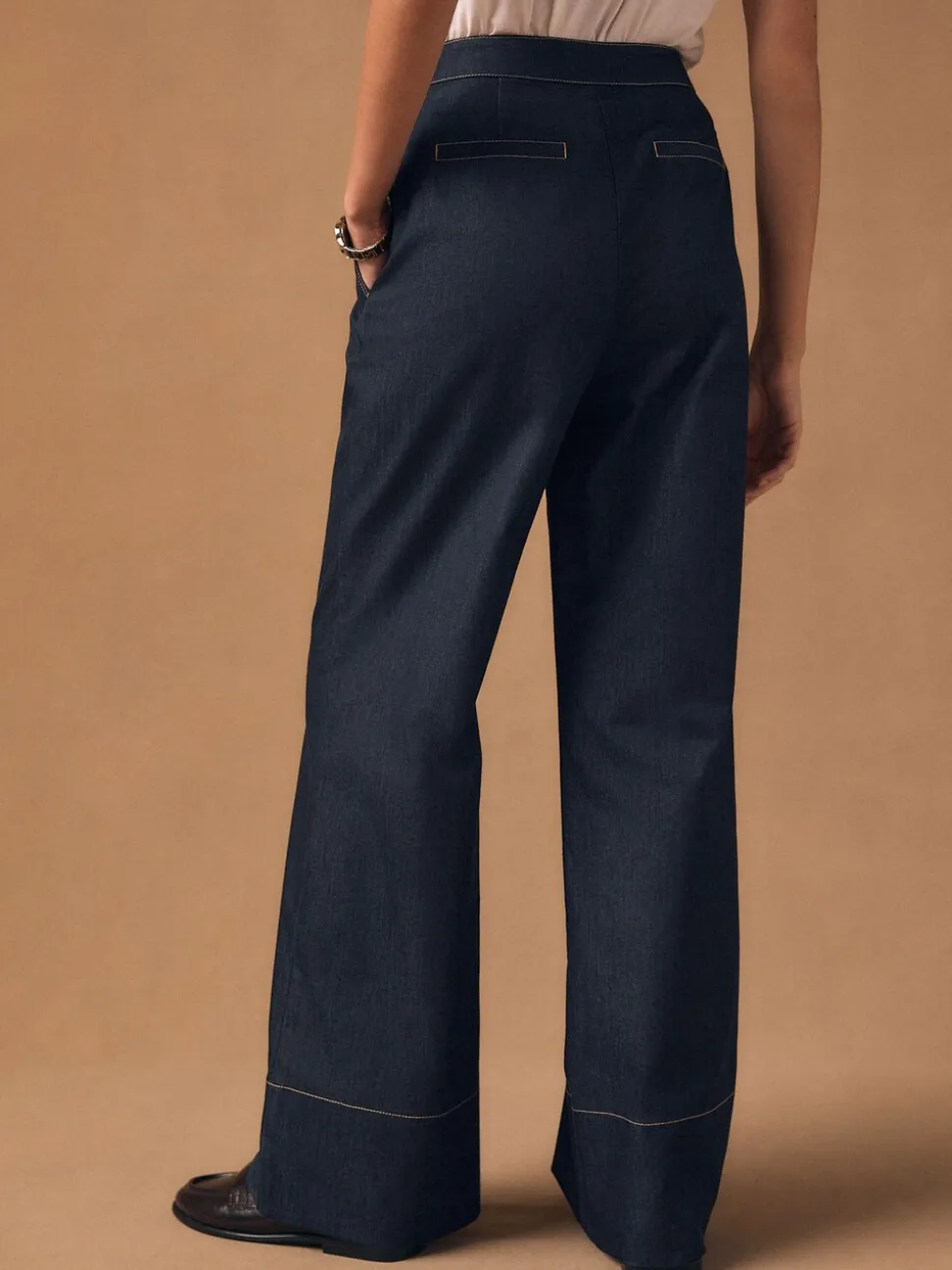 Denim - Pantalons à jambe large avec des boutons Or