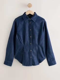 Délavage bleu - Chemise en denim ajustée à manches longues à taille cintrée