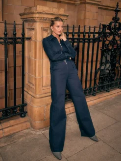 Délavage bleu - Combinaison en Denim ceinturée à Jambe large