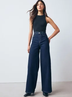 Délavage bleu - Jean extensible à enfiler à jambe large taille haute