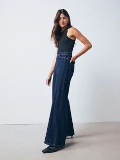Délavage bleu - Jean extensible à enfiler à jambe large taille haute