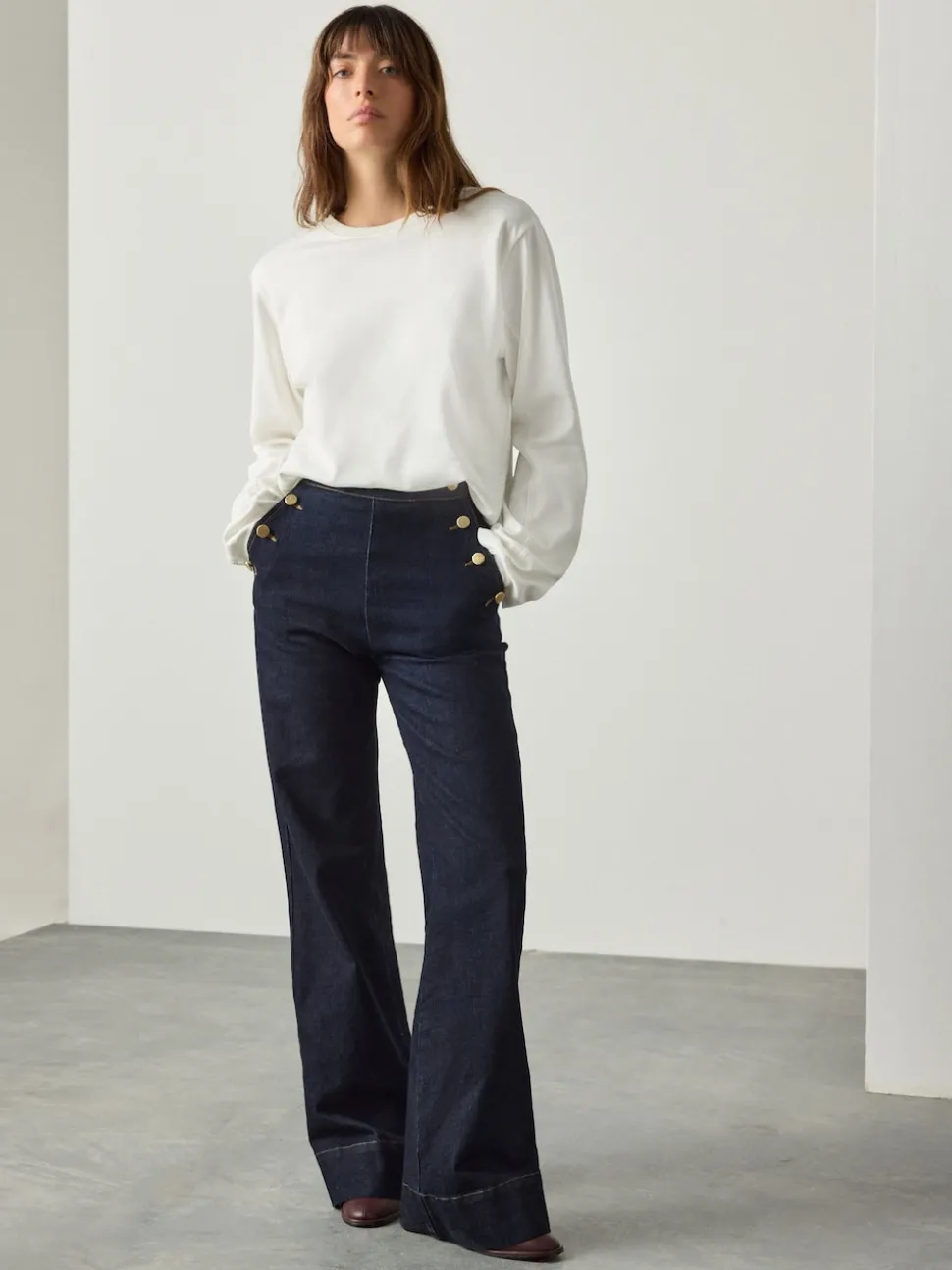 Délavage bleu - Jeans Ample Or à boutons sur le devant