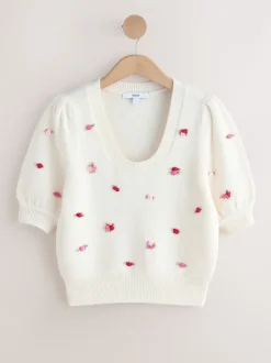 Détail Fleuri Blanc - Haut en maille à manches bouffantes