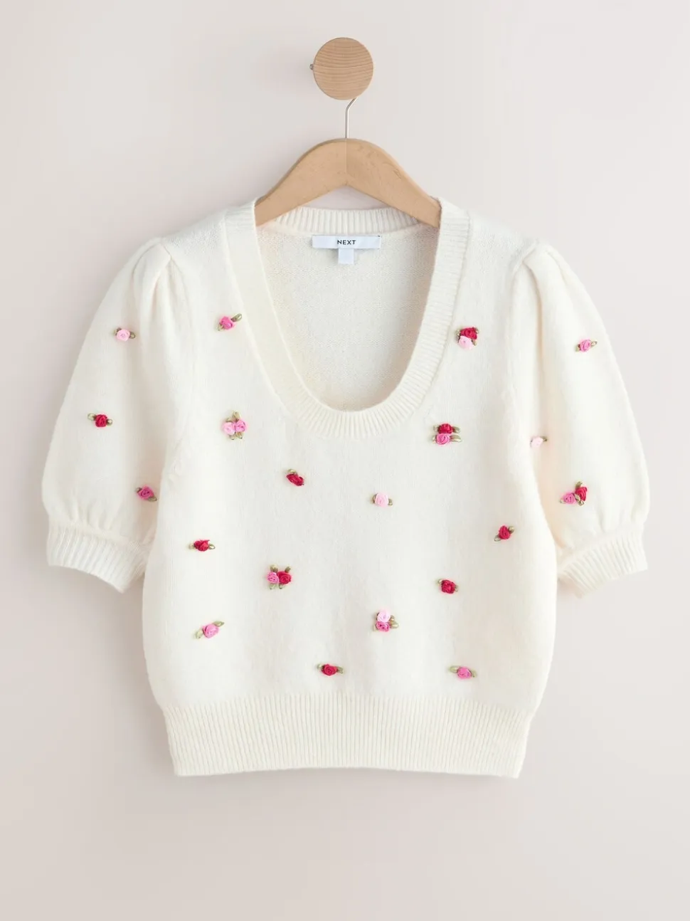 Détail Fleuri Blanc - Haut en maille à manches bouffantes