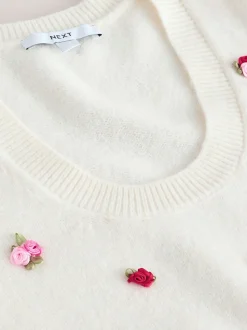 Détail Fleuri Blanc - Haut en maille à manches bouffantes