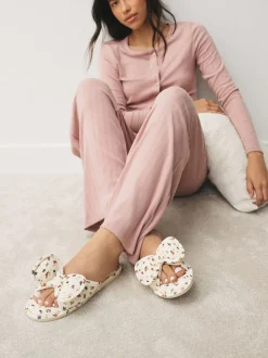Ecru Floral - Chaussons à glissière avec nœud