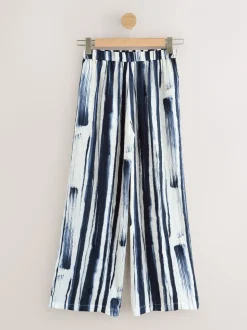 Ecru/Marine - Pantalons à jambe large en satin effet froissé