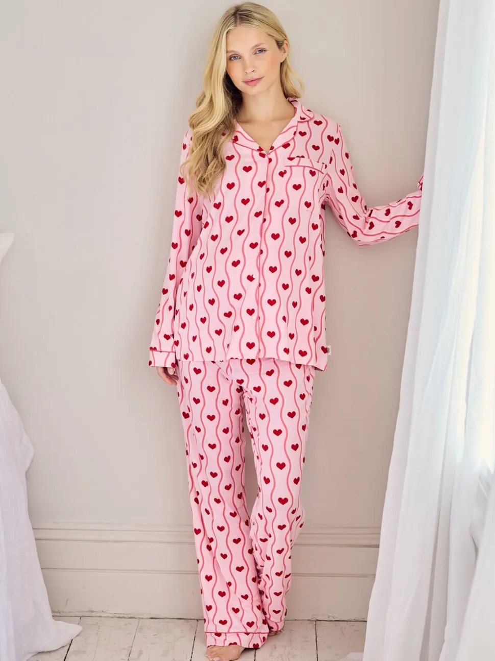 Ensemble de pyjamas longs Chelsea Peers Grossesse à rayure ondulée imprimée cœur