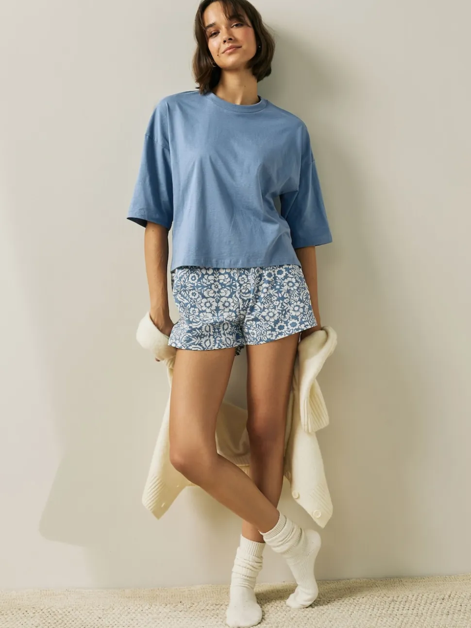 Floral bleu - Ensemble pyjama short en coton