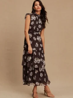 Floral brun - Robe longue imprimée à col haut et à volants