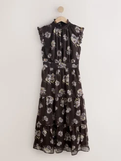 Floral brun - Robe longue imprimée à col haut et à volants