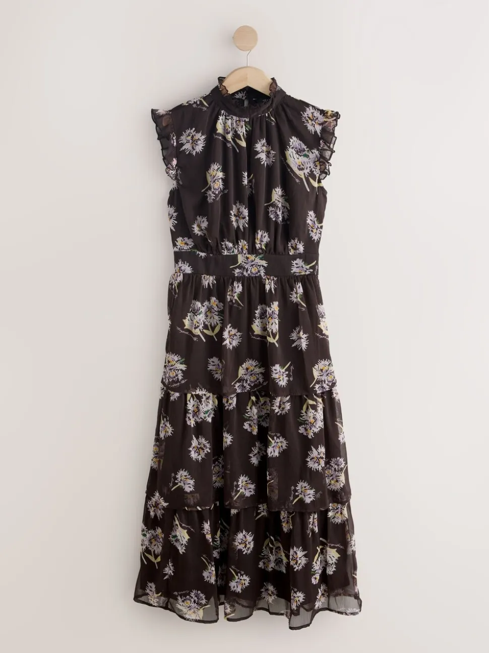 Floral brun - Robe longue imprimée à col haut et à volants