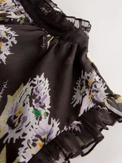 Floral brun - Robe longue imprimée à col haut et à volants