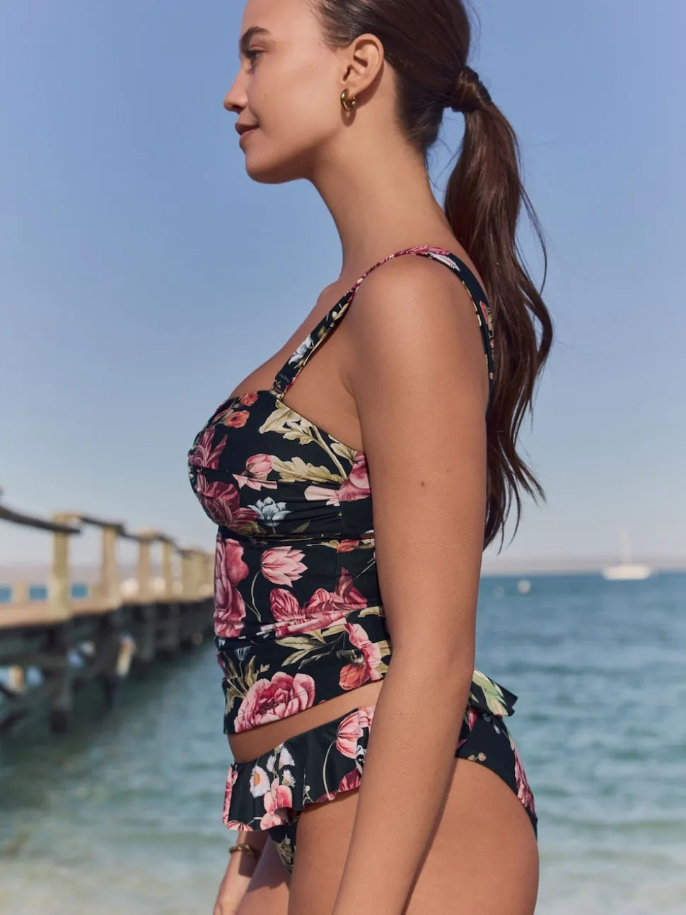 Floral noir - Tankini bandeau à larges bretelles avec contrôle du ventre