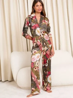 Floral vert - Lipsy pyjama à manches longues Satin avec détails en dentelle