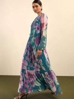 Floral vert - Robe longue en maille à manches longues
