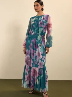 Floral vert - Robe longue en maille à manches longues