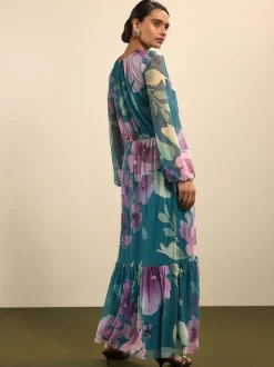 Floral vert - Robe longue en maille à manches longues
