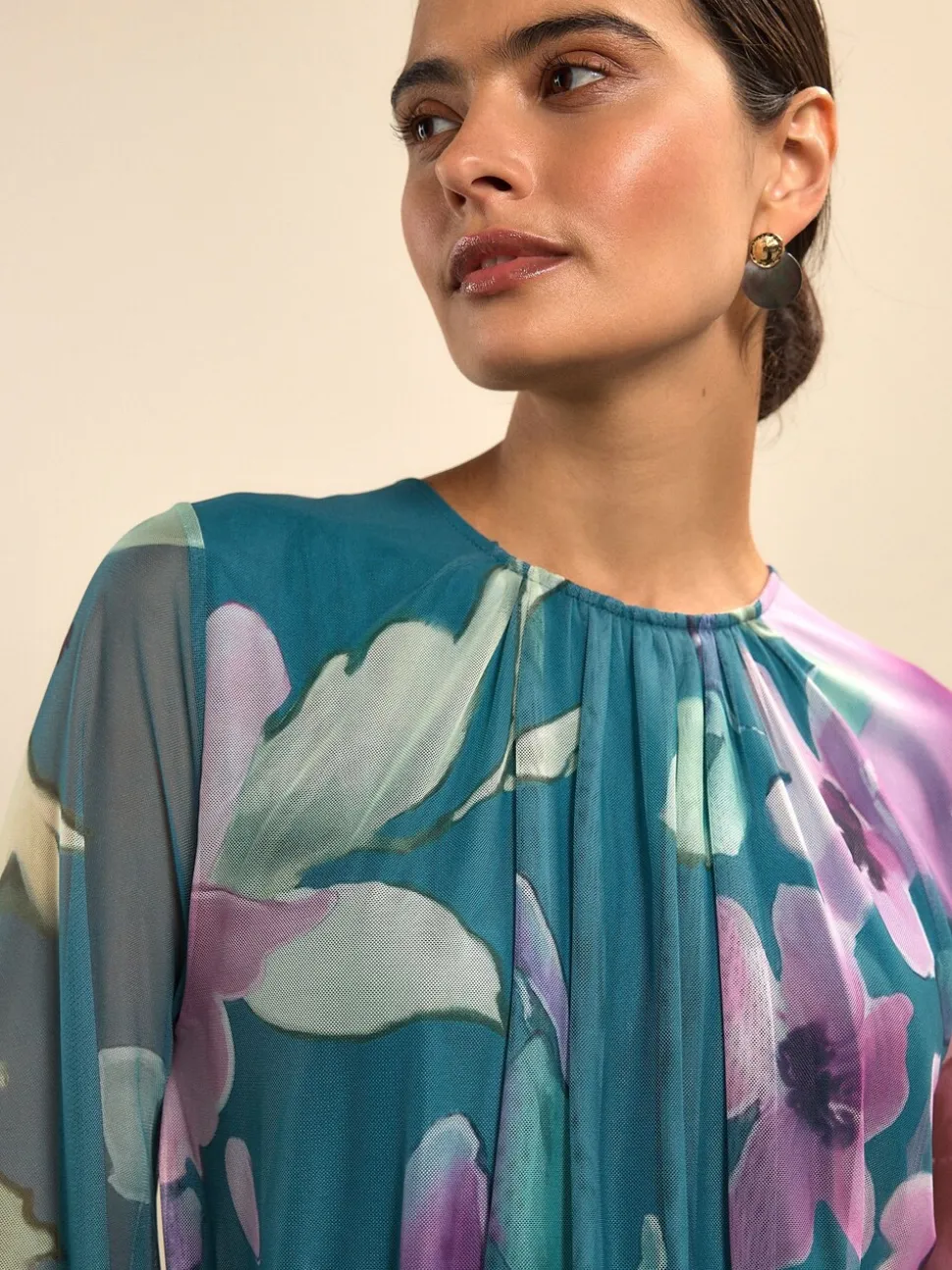 Floral vert - Robe longue en maille à manches longues