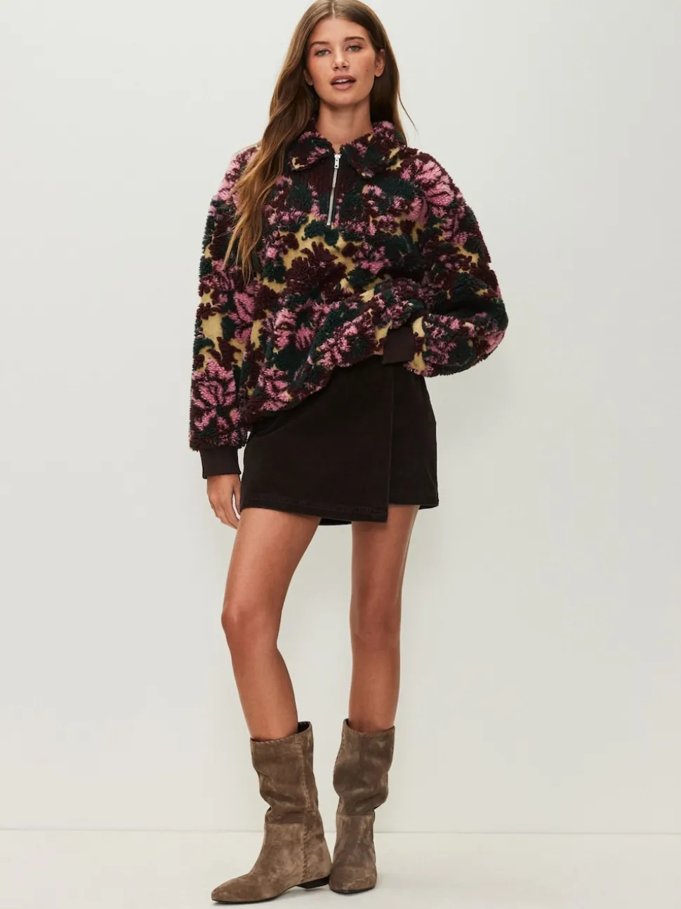Floral vert - Sweat-shirt en polaire jacquard Teddy Borg à quart de zip
