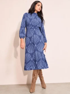 Géo bleu - Friends Like These Col montant Manches longues Mi-long Robe avec détails en nœud