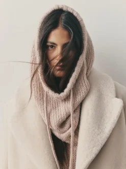 Grège chiné - Snood à capuche en maille sans ornements avec laine