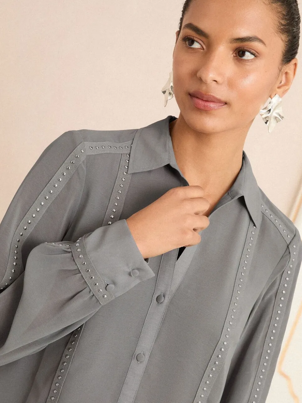 Gris - Chemise Love & Roses à manches longues boutonnée