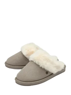 Gris - Dunlop Chaussons mules en faux daim col en fourrure