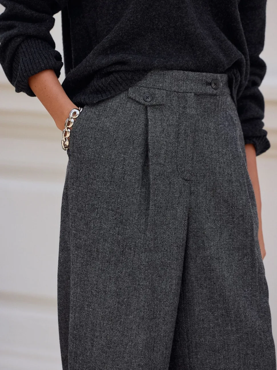 Gris - N. Premium Pantalons Plissé Jambe large en laine