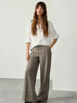 Gris - Pantalon coupe large taille haute brossé à carreaux