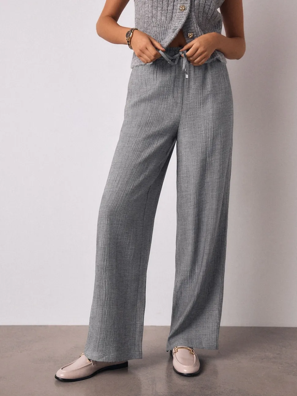 Gris - Pantalons ceinturés à jambes larges en laine