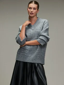 Gris - Pull long côtelé à col en V en laine