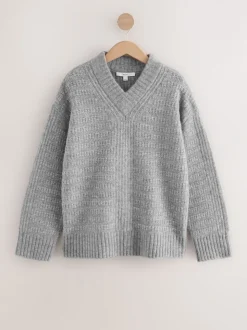 Gris - Pull long côtelé à col en V en laine
