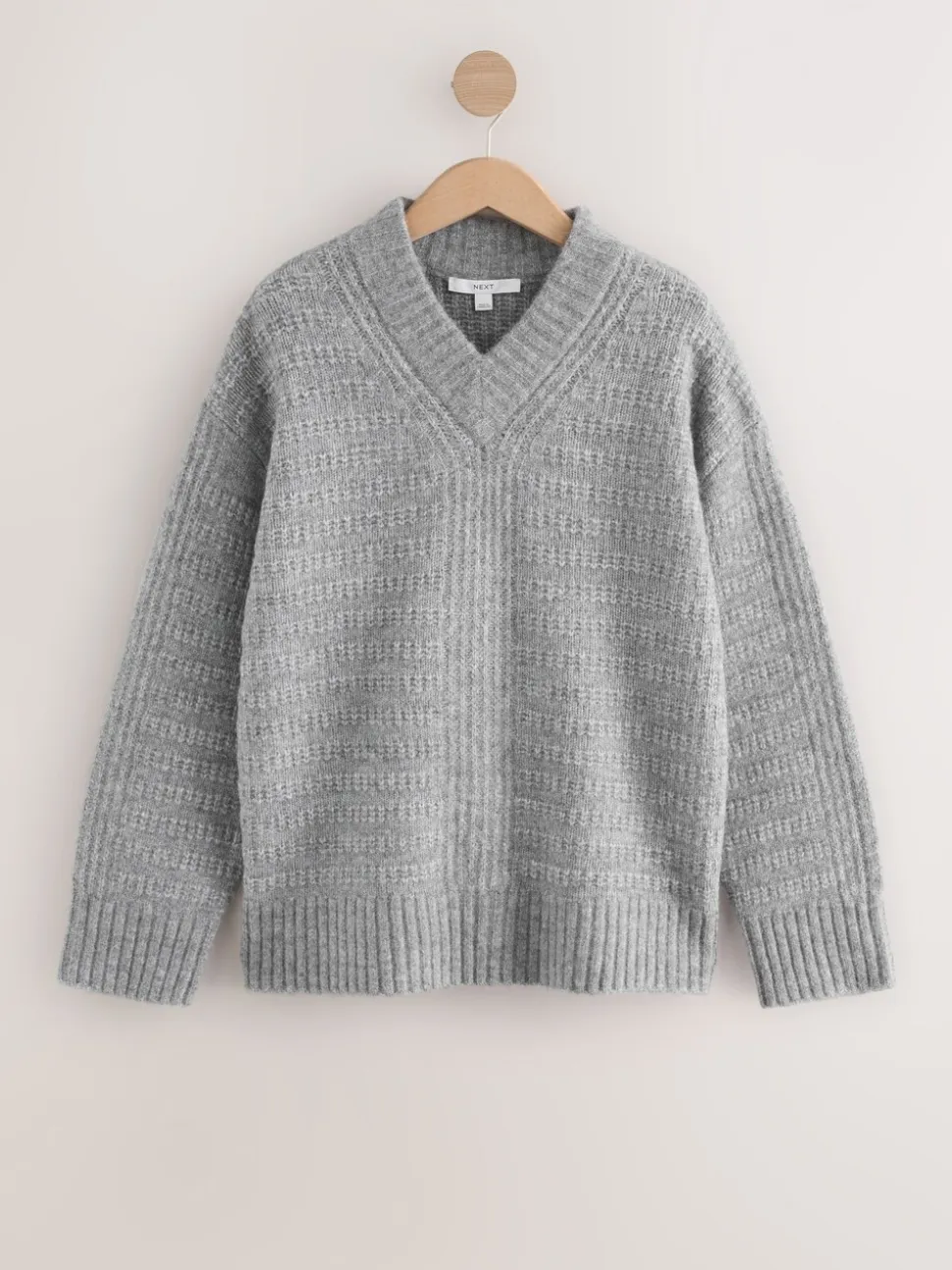 Gris - Pull long côtelé à col en V en laine