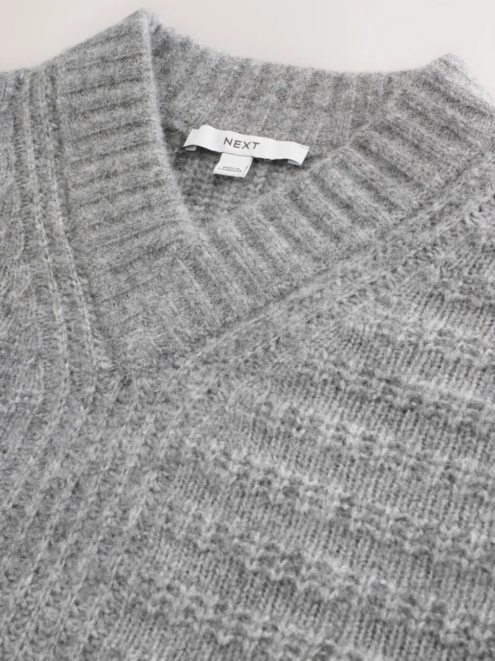 Gris - Pull long côtelé à col en V en laine
