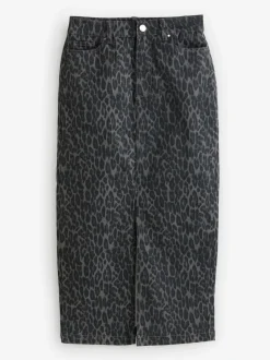 Gris - Sosandar Léopard Imprimé Denim Mi-long Jupes