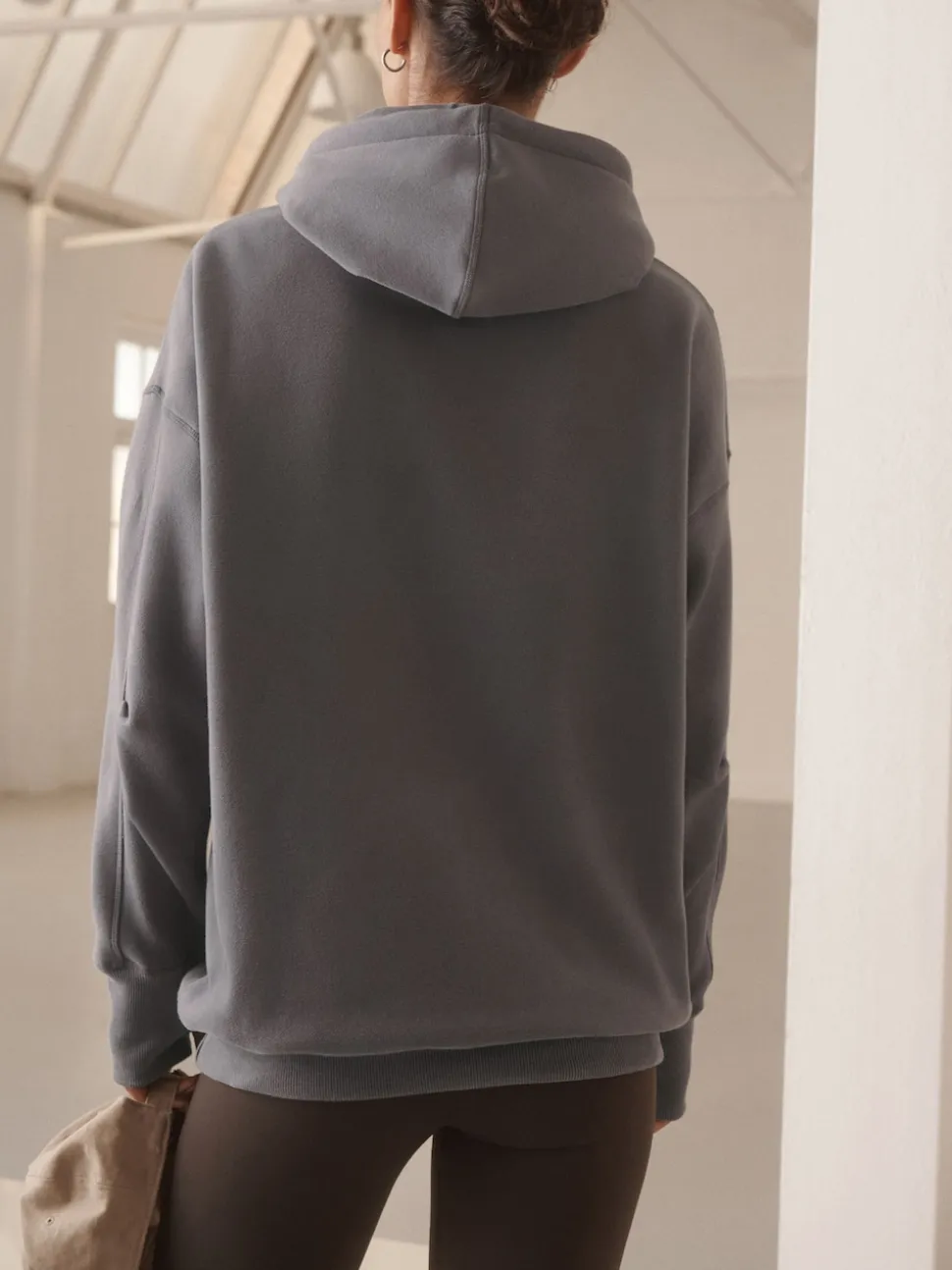 Gris - Sweat-shirt à capuche long actif à coutures apparentes ultra-doux avec poches