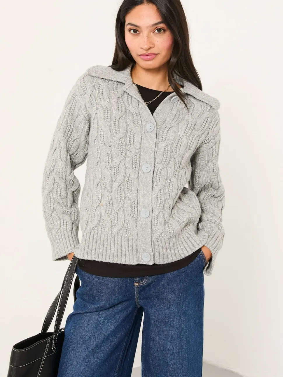 Gris clair - Cardigan FatFace en maille à col