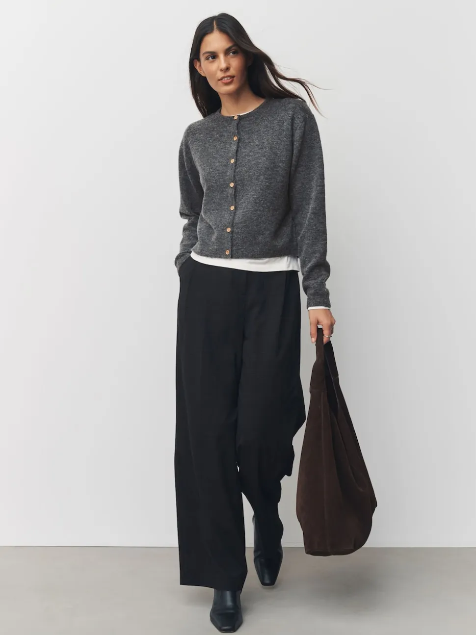 Gris foncé - Cardigan tricoté à Col rond en laine