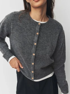 Gris foncé - Cardigan tricoté à Col rond en laine