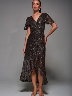 Ground noires - Robe longue Jolie Moi à manches ange à sequins et ourlet à volants