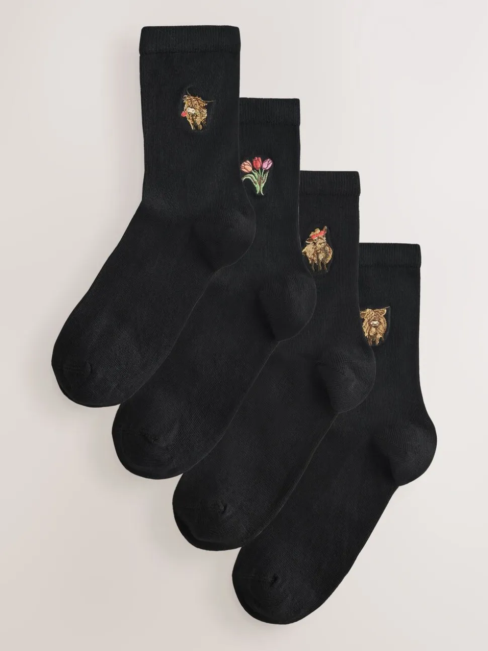 Hamish The Highland Cow / Tulipes - Chaussettes à motif brodé 4 Pack