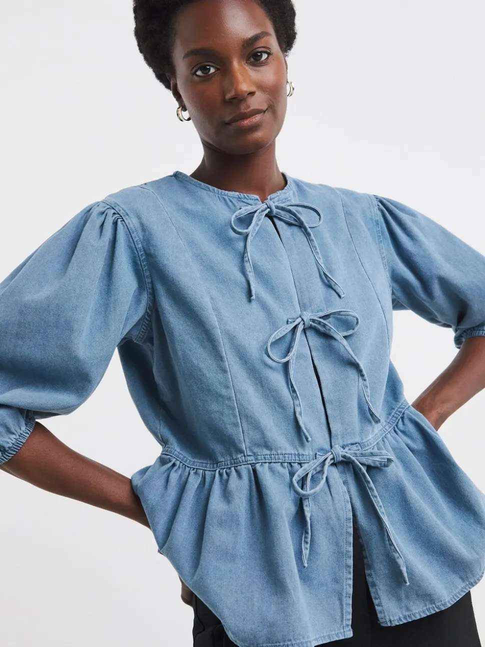 Haut JD Williams en Denim à Manche bouffante et péplum