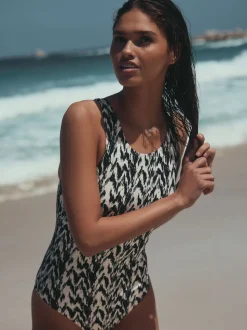 Ikat noir/crème - Maillot de bain Essential galbant le col haut