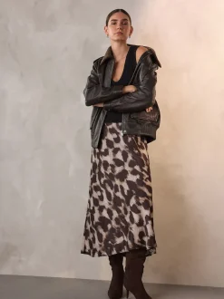 Impression animale brune - Jupe Midi Satin