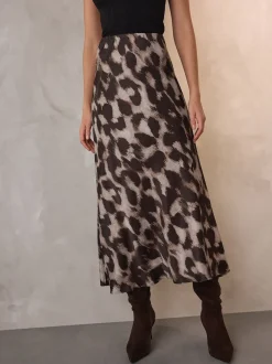 Impression animale brune - Jupe Midi Satin