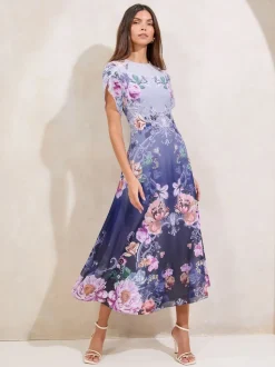 Impression bleue - Robe mi-longue Lipsy ombre imprimé floral à manches tulipes