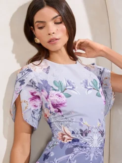 Impression bleue - Robe mi-longue Lipsy ombre imprimé floral à manches tulipes